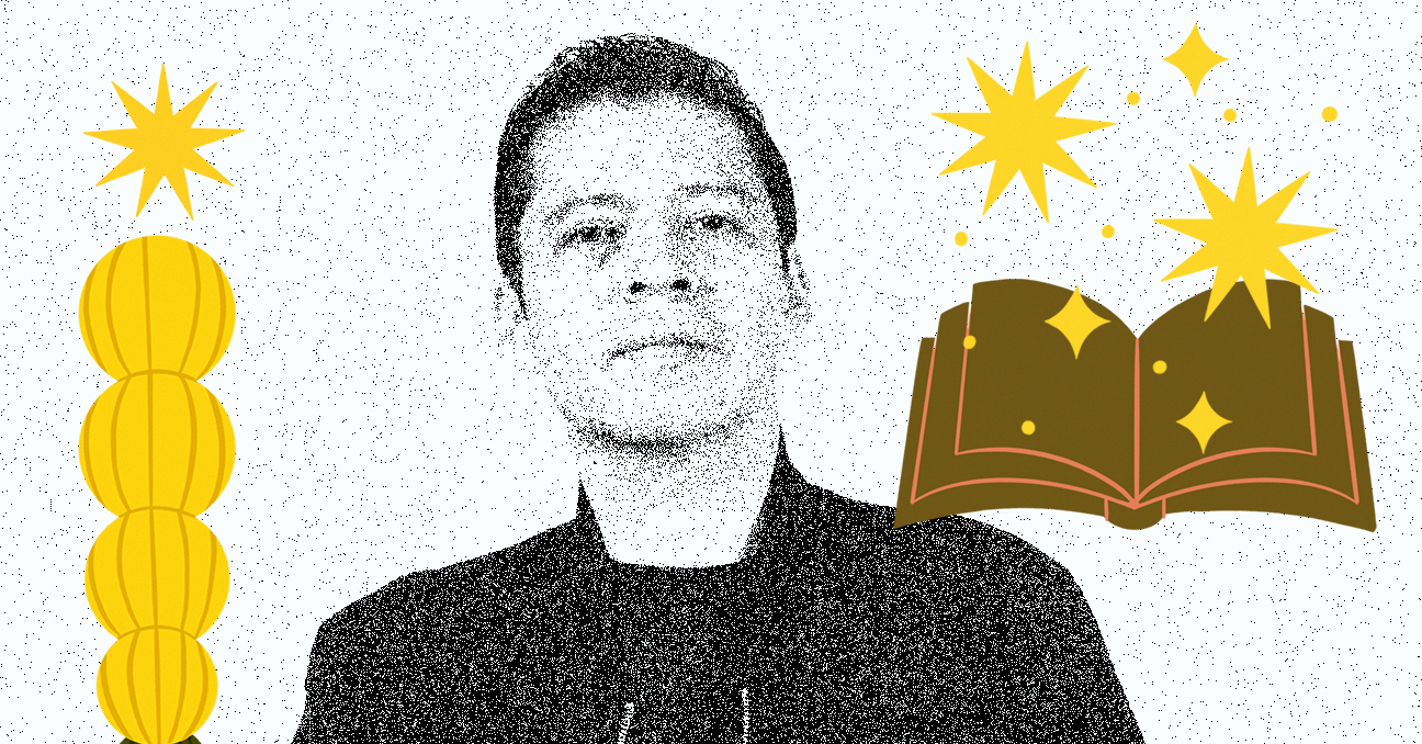 Una fotografía en primer plano del poeta René Figueroa, en blanco y negro y con texturas granuladas. Está rodeada de ilustraciones como un libro y estrellas.  